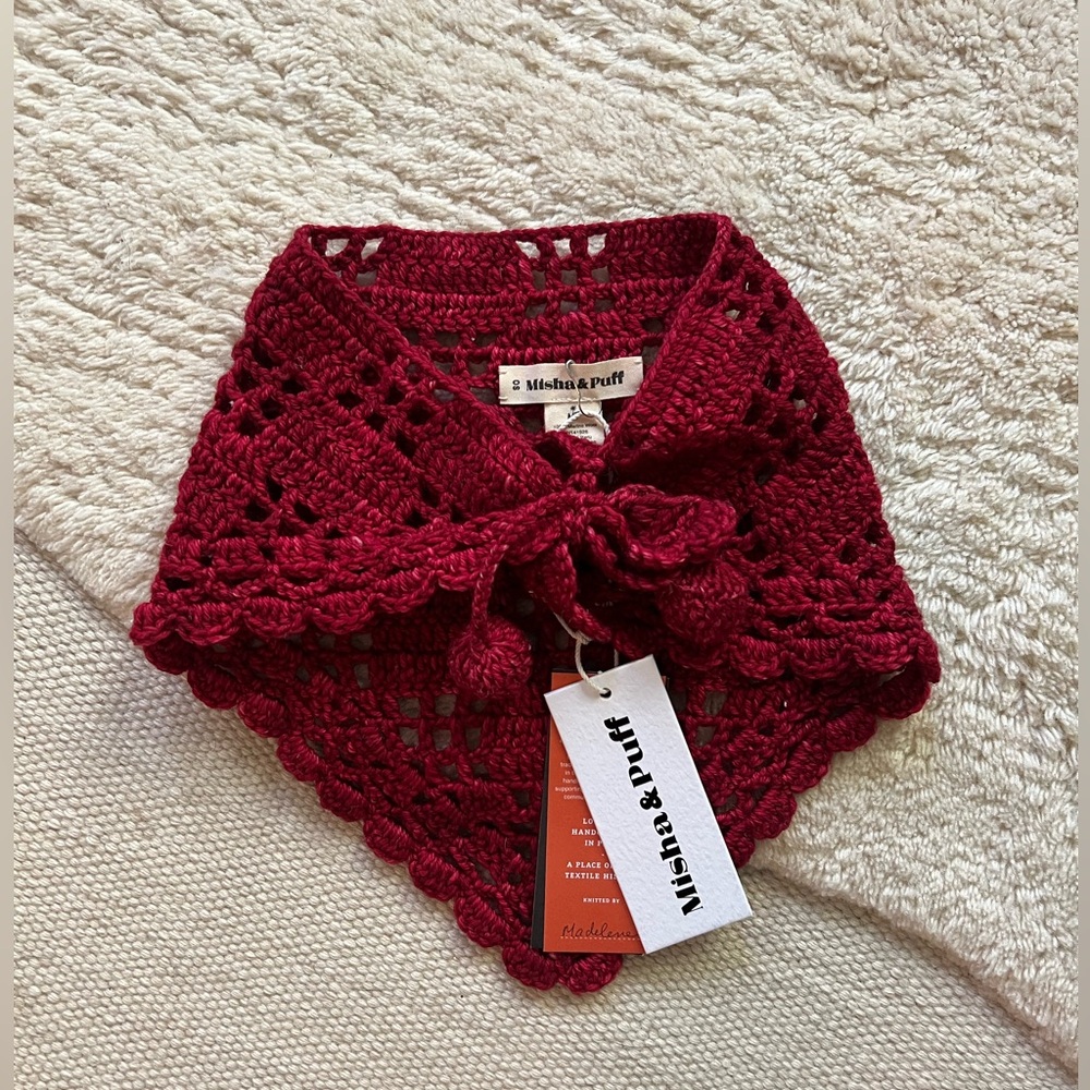 Misha & Puff Wool Kerchief Crochet Knit Scarf Handmade OS Kid Adult Berry Red
